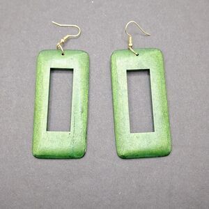 Long green rectangle wood earrings Bohemian jewelry